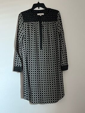 LOFT Stylish Black & White Printed Long-Sleeve Shift Dress, Size M